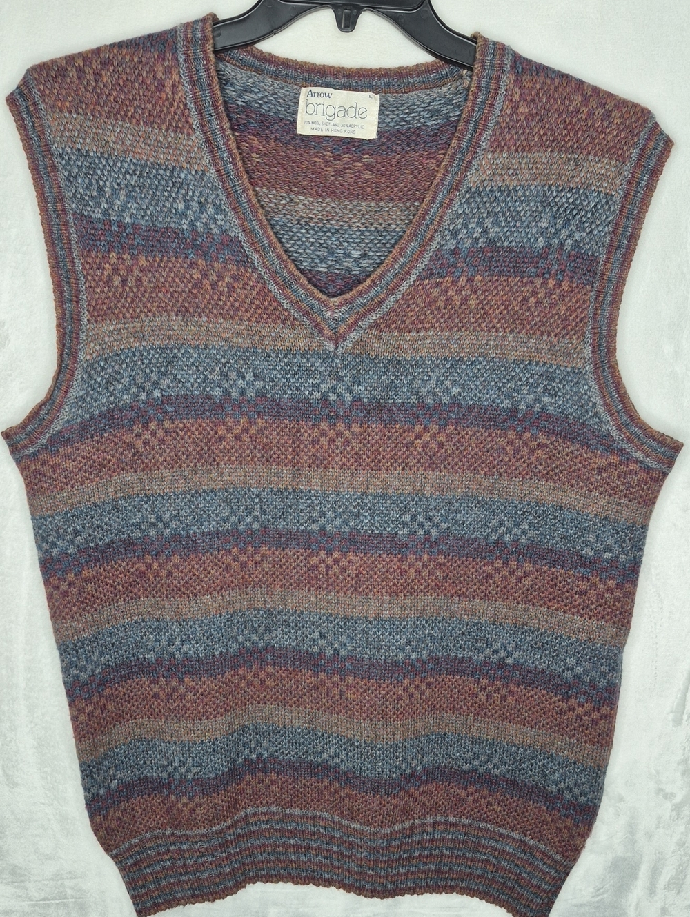 Vintage‎ Arrow Brigade Shetland Wool Striped V Neck Sweater Vest Earthy Large